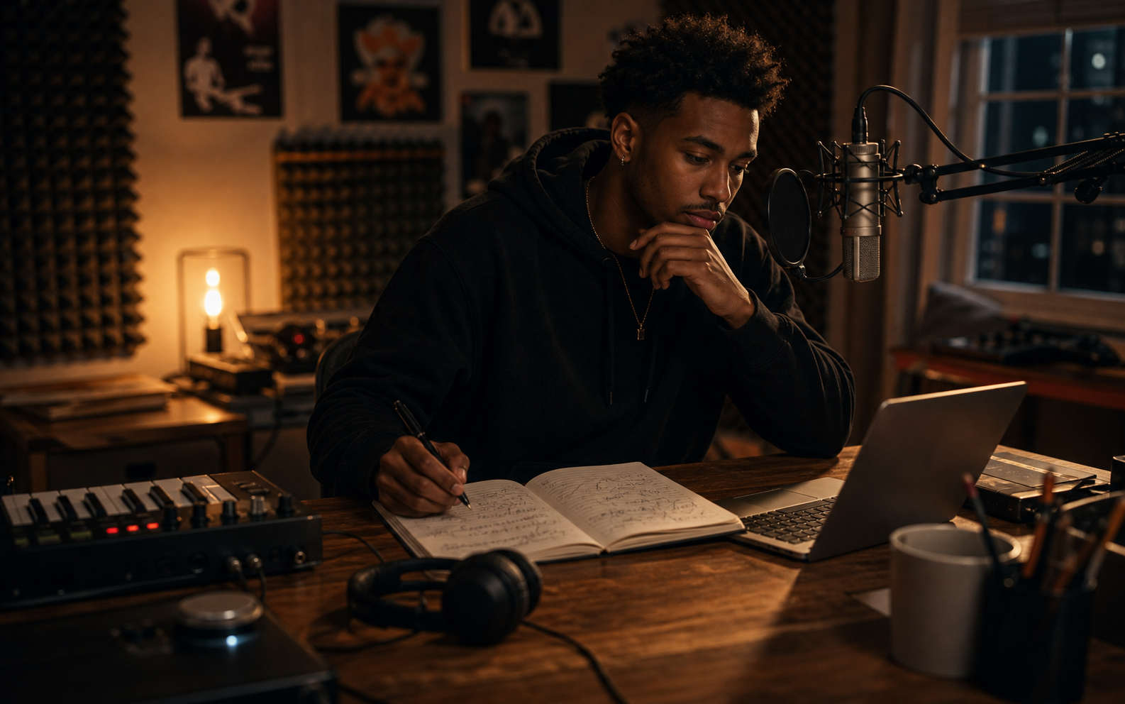 Creator writing rap lyrics in a home studio before generating a track