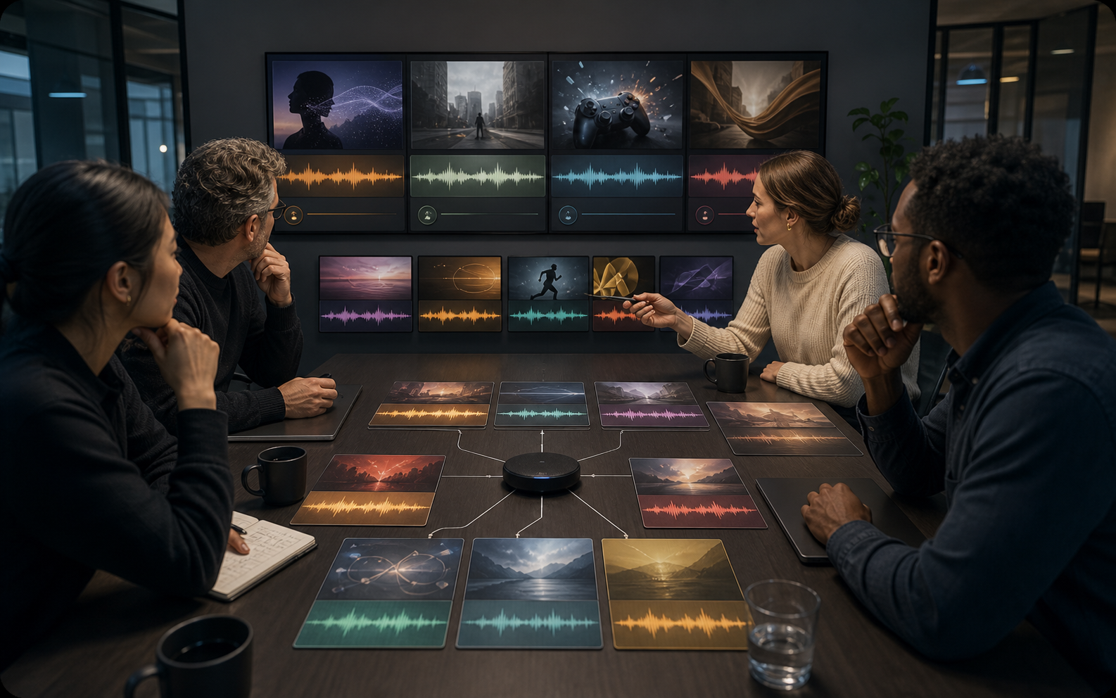 Marketing team creating brand music drafts with a text to music generator